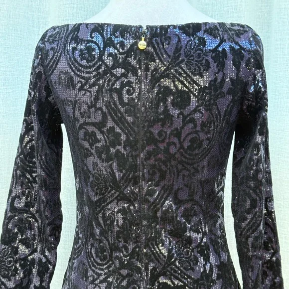Just Cavalli black blue sequins velvet flocking long sleeve mini dress